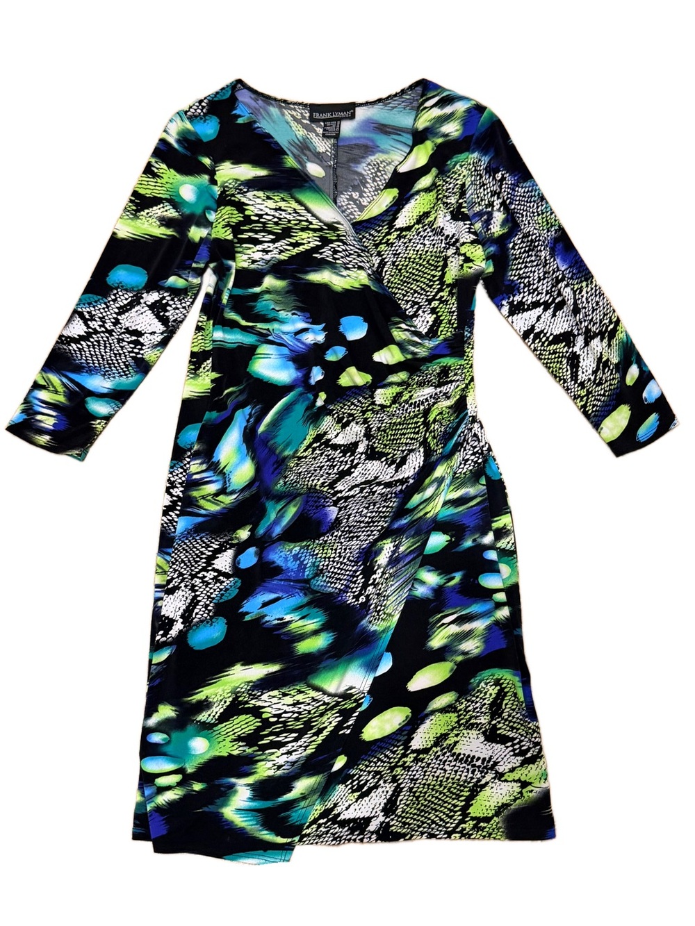 Frank Lyman Design Abstract Snakeskin Faux Wrap Sheath Dress Colorful Sz 10 EUC